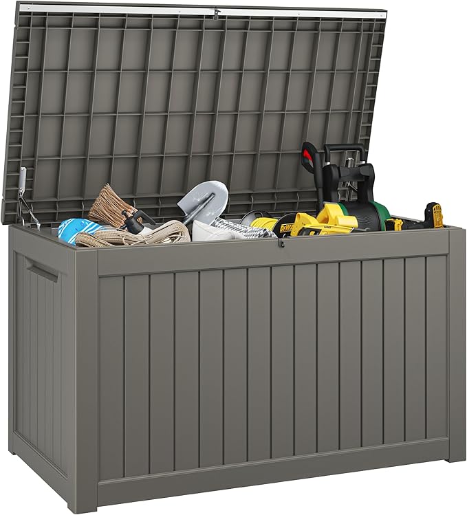 KAMABOKO 230 Gallon Outdoor Storage Box, Resin Deck Boxes Indoor and outdoor, Waterproof Storage Box Lockable Lid for Garden Tools, Package Delivery, Patio Cushions, Grey-Ruum Studio Home