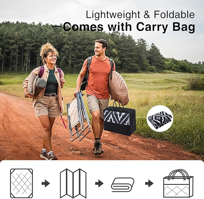 OLANLY Outdoor Rug 5x8 ft Waterproof, Outdoor Plastic Straw Rug with Geometric Pattern Clearance, Reversible RV Mat for Patio, Camping, Balcony, Deck, Backyard, Black & White-Ruum Studio Home