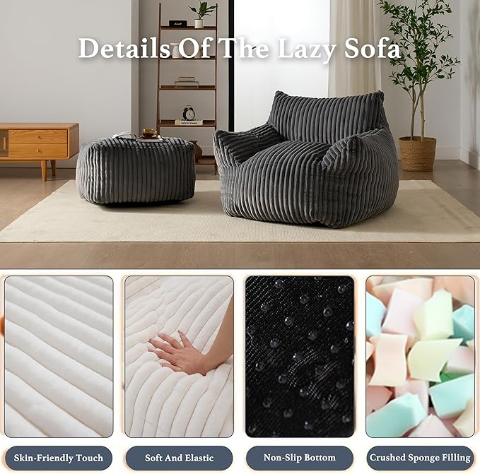 Oversized Bean Bag Chaise Lounge Chair Indoor for Adults with Armrests & Ottoman - Giant Comfy Gray Beanbag Floor Sofa Cloud Accent Chair for Reading, Gaming, Cozy Plush Cloud Mini Couch-Ruum Studio Home