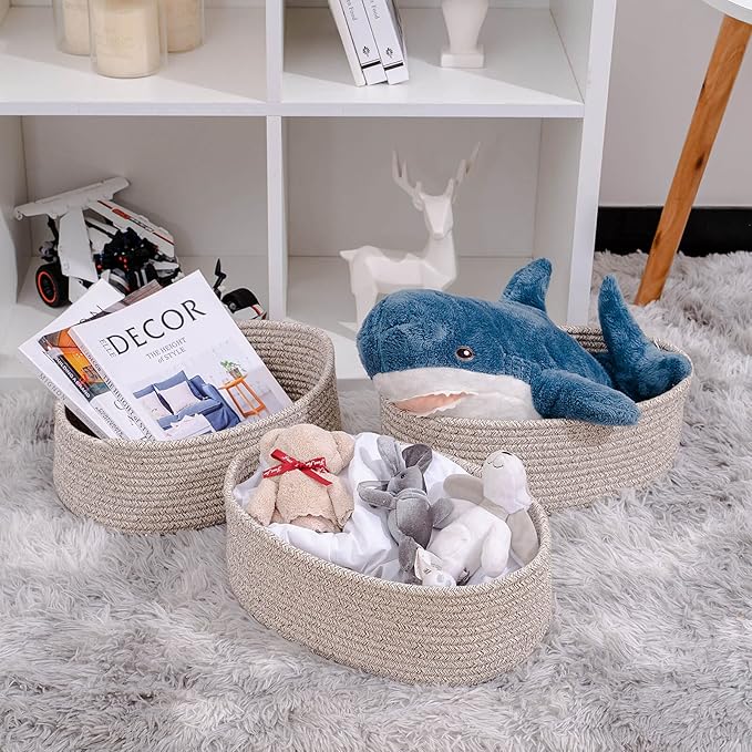 Cute Shelf Basket to Store and Organize Household Items/Baskets&Bins for Daily Storage &Organizing/Woven Rope Basket for Living Room, Playroom/Small Oval-13x8.66x5.11’’,3 Packs Light Brown-Ruum Studio Home