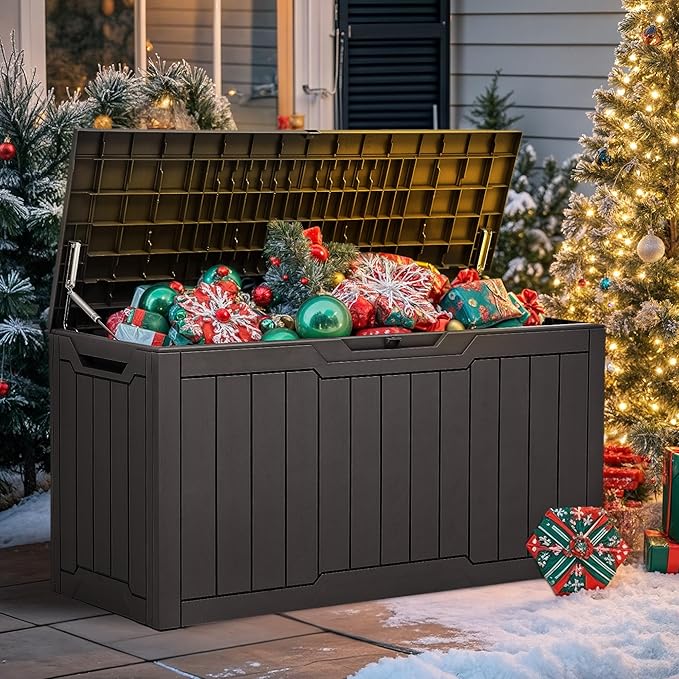 YITAHOME 100 Gallon Outdoor Storage Box, Large Water Resistant Resin Deck Box, Indoor Outdoor Lockable Storage Container for Patio, Garden, Cushions, Tools, Equipment (Dark Brown)-Ruum Studio Home