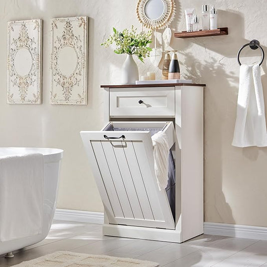 Tilt Out Laundry Hamper Cabinet, 10 Gallon Farmhouse Trash Can Cabinet with Drawer, Hidden Wood Garbage Can Bin Cabinet with Laundry Storage Basket for Bathroom, Kitchen, Antique White-Ruum Studio Home