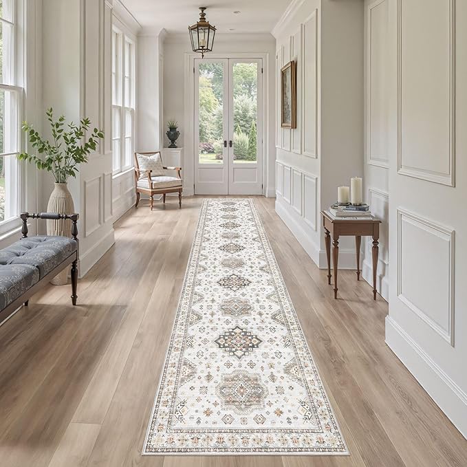 Washable 2.6x12 Runner Rug - Area Rugs Neutral Vintage Distressed Floral Farmhouse Boho Large Soft Floor Rug Indoor Carpet for Hallway Entryway Kitchen Home - Blue Brown-Ruum Studio Home