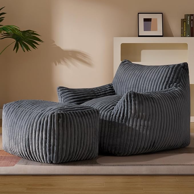 Oversized Bean Bag Chaise Lounge Chair Indoor for Adults with Armrests & Ottoman - Giant Comfy Gray Beanbag Floor Sofa Cloud Accent Chair for Reading, Gaming, Cozy Plush Cloud Mini Couch-Ruum Studio Home