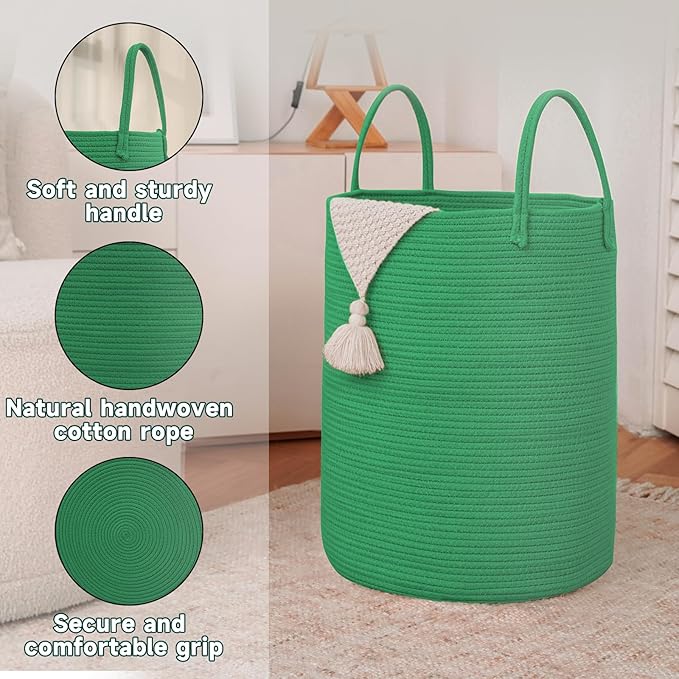 Large Woven Laundry Basket Hamper,60L Cotton Rope Storage Bin for Blankets,Toys and Clothes,Decorative Tall Nursery Hamper for Living Room,Baby Nursery,Bathroom and Bedroom,Dark Green-Ruum Studio Home