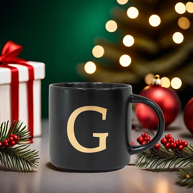 COLLECTIVE HOME - Monogram Ceramic Mugs, 15 oz Golden Initial Black Coffee Cups, Elegant Alphabet Tea Mugs, Elegant Personalized Mug with Gift Box, Unique Mug with Double Side Capital Lette (G)-Ruum Studio Home