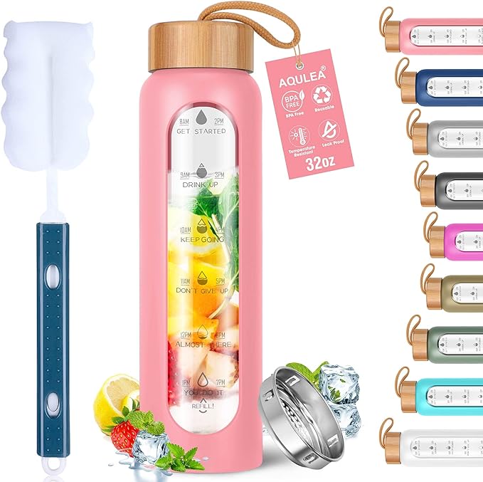 Aqulea Glass Water Bottles 32 Oz with Silicone Sleeve - BPA Free Reusable Wide Mouth Glass Motivational Water Bottles with Fruit Infuser – Leak Proof Borosilicate Water Bottle with Time Marker (Pink)-Ruum Studio Home