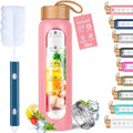 Aqulea Glass Water Bottles 32 Oz with Silicone Sleeve - BPA Free Reusable Wide Mouth Glass Motivational Water Bottles with Fruit Infuser – Leak Proof Borosilicate Water Bottle with Time Marker (Pink)-Ruum Studio Home