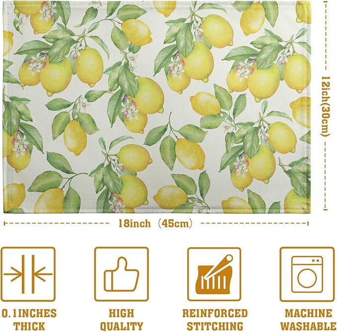 Lemon Placemats Set of 4 Summer Yellow Fruit Green Leaf Floral Linen Table Mat Rustic Farmhouse Spring Heat Resistant Non Slip Washable Place Mats for Dining Kitchen Party Decor-Ruum Studio Home