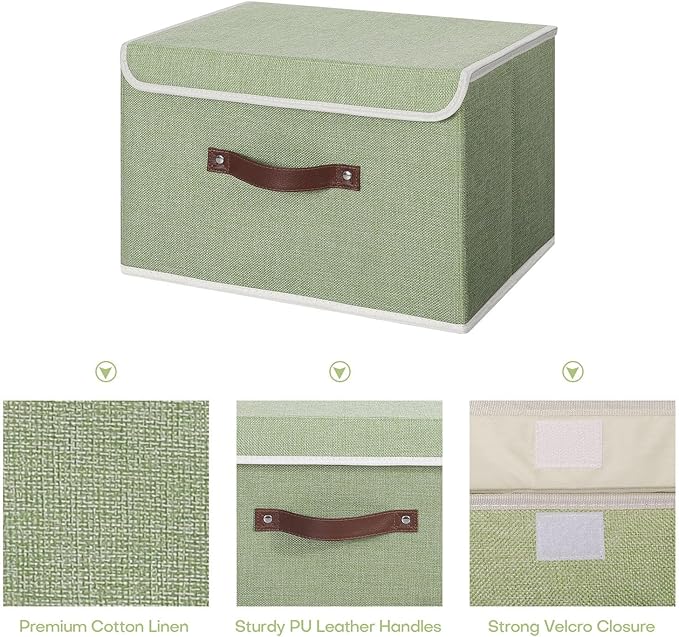 ANMINY 4PCS Storage Bins with Lid PU Leather Handles Storage Boxes PP Plastic Board Decorative Foldable Lidded Cotton Linen Fabric Home Cubes Baskets Closet Organizer Containers - Green, Large Size-Ruum Studio Home