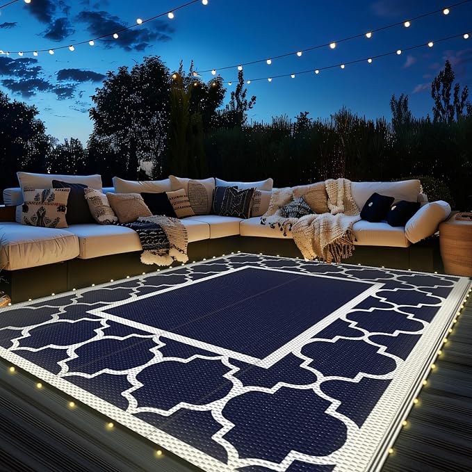 GENIMO 6' x 9' Outdoor Rug Waterproof for Patio Decor, Foldable Reversible Plastic Straw Area Rugs Mat with String Light, Led Carpet for Camper, Rv, Deck, Porch, Picnic, Beach, Balcony, Blue & White-Ruum Studio Home