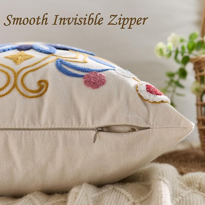 Embroidered Throw Pillow Cover 18x18 Classic Boho Floral Pattern Pillows Cover Outdoor Decorative Pillowcase,Durable Cozy Textured Cushion Case for Sofa Couch Bed Living Room,Blue-Ruum Studio Home