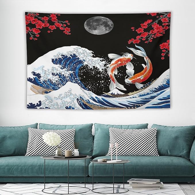 Houselerax Japanese Koi Fish Tapestry, Yin Yang Big Wave Red Cherry Blossom Tapestries Wall Hanging for Bedroom Living Room Office Decor 60"x40"-Ruum Studio Home