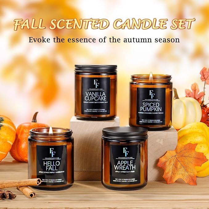 Fall Candles Set, 4 Pack Candles for Home Scented Natural Soy Wax, Autumn Gifts Set for Women Men, Fall Fragrance of Spice/Vanilla Cupcake/Apple Wreath/Hello Fall-Ruum Studio Home