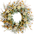 idyllic 20 Inches Spring Summer Front Door Wreath, Yellow and White Daisies Flowers, Ear of Wheat, Green Leaves Wreath for Front Door-Ruum Studio Home