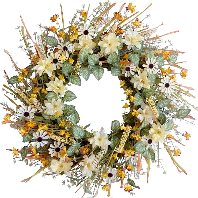 idyllic 20 Inches Spring Summer Front Door Wreath, Yellow and White Daisies Flowers, Ear of Wheat, Green Leaves Wreath for Front Door-Ruum Studio Home