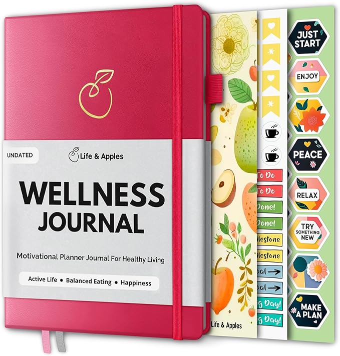 Life & Apples Wellness Journal Planner – Food Log, Fitness Tracker, Habit Tracker, Weight Loss Journal for Diet Tracking and Health Goals, Undated, Size A5 Berry-Ruum Studio Home