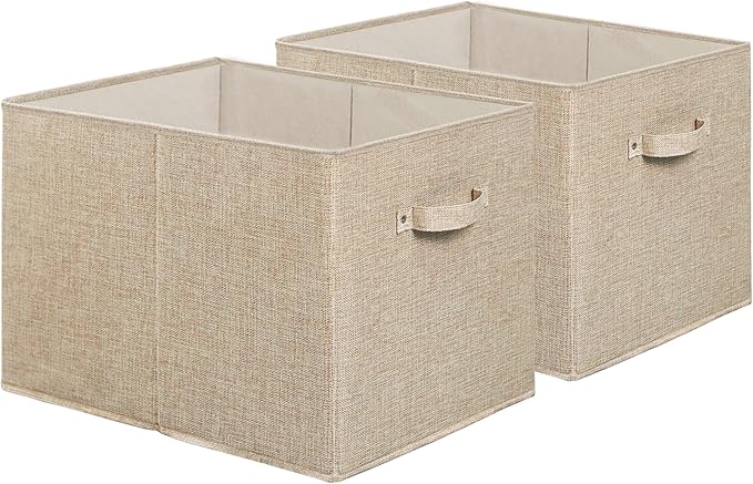 SIMPLE HOUSEWARE 15 x 13 Inch Collapsible Fabric Storage Bin with Handles, 2 Pack, Beige-Ruum Studio Home