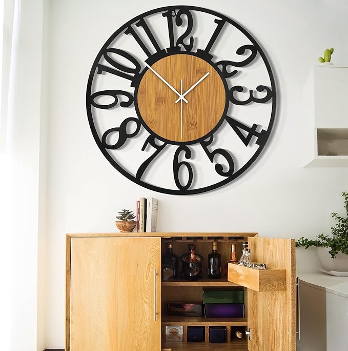 LEIKE 32" Oversized Large Wall Clocks,Silent,Non Ticking,Battery Operated Modern Round Big Wood Decorative Metal Wall Clock for Living Room, Bedroom,Kitchen,Farmhouse,Office Decor - Black,32 Inch-Ruum Studio Home