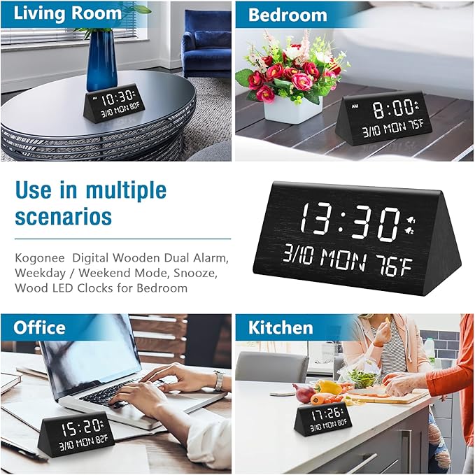 Kogonee Wooden Digital Alarm Clock, 0-100% Dimmer, 2 Alarm Settings, Weekday/Everyday Mode, 9 Mins Snooze, 12/24H, Temperature and Date Display for Office, Travel, Bedroom Alarm Clock (Black)-Ruum Studio Home