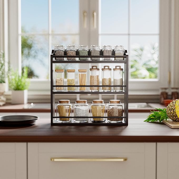 3 Tier Bamboo Wood Spice Rack, Seasoning Bottles Jars Organizer Shelf for Spices or Craft Supplies, Kitchen Counter or Wall Mounting (Brown)-Ruum Studio Home