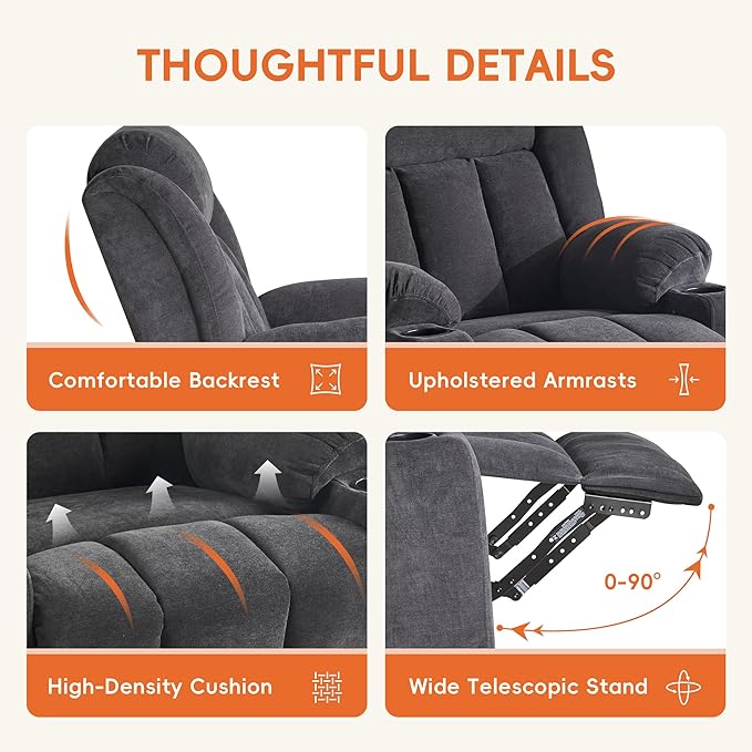 Rocker Swivel Recliner Chair for Adults, Overstuffed Large Manual Recliner Glider with Massage and Heat, Comfy Soft Fabric Living Room Reclining Sofa Chair (Black Fabric)-Ruum Studio Home