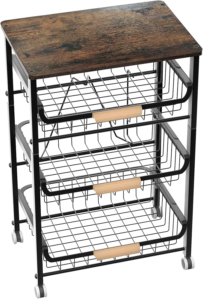 4-Layer Fruit Basket Kitchen Food Organizer and Rack, Stackable Storage Cart with Desktop, Pull-Out Hollow Metal Basket, Sliding Out Storage (Black 4-Layer Rack)-Ruum Studio Home