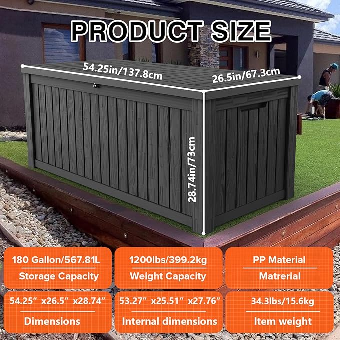 180 Gallon Lockable Resin Deck Box, Waterproof & UV-Resistant Outdoor Storage Box for Outdoor Cushion Storage, Garden Tools & Pool Accessories Storage, Black-Ruum Studio Home