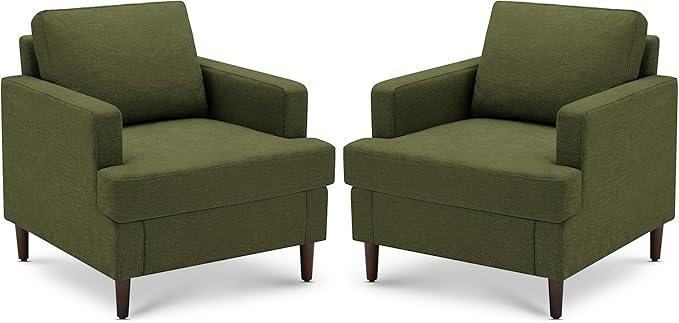 Mid-Century Accent Chair,Modern Linen Fabric Armchair for Living Room,Comfy Upholstered Reading Accent Chairs for Bedroom,Single Sofa Chair with Wood Legs (Green, 2 Pack)-Ruum Studio Home