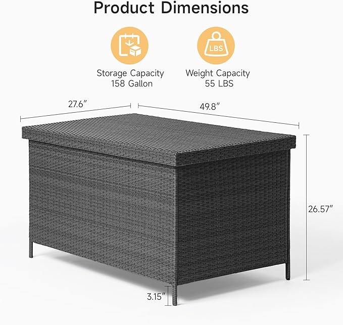 158 Gallon XL Deck Box with Lid, All Weather Wicker Outdoor Storage Box Waterproof, Large Outdoor Patio Storage Bin for Cushions, Garden Tools, Gears, Pool Accessories, Black-Ruum Studio Home