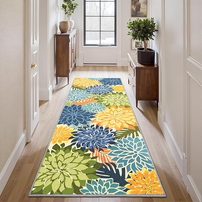 Area Rug 2x6 Yellow Green Washable Entry Rug Multicolored Tropical Botanical Modern Floral Indoor Kitchen Door Mat Entrance Carpet Non Slip for Bedroom Living Room, Porch-Ruum Studio Home