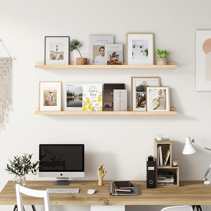 Picture Ledge Shelf for Wall, 36 inch Solid Pine Wood Nursery Book Shelves 2 Packs, Floating Ledge Shelves for Kids' Room Bedroom Bathroom Living Room Photo Frames Office Nursey Wall Decor, Natural-Ruum Studio Home