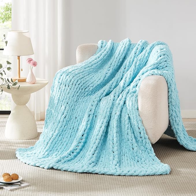 L'AGRATY Chenille Chunky Knit Blanket, Light Blue, 60x80, Heavyweight Throw Blanket for Home Decor-Ruum Studio Home