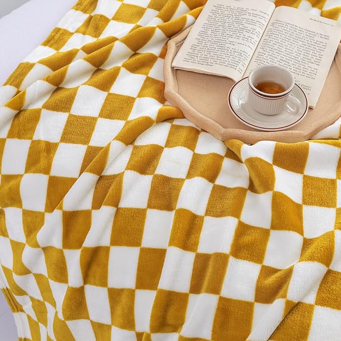 LOMAO Throw Blankets Flannel Blanket with Checkerboard Grid Pattern Soft Throw Blanket for Couch, Bed, Sofa Luxurious Warm and Cozy for All Seasons (Yellow, 90"x90")-Ruum Studio Home