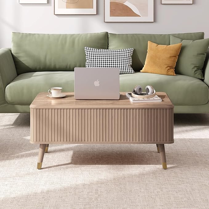 Lift Top Coffee Table with Storage Shelf & Hidden Compartment, Mid Century Modern Fluted Rectangle Dining Table for Living Room, Home Office, Natural Oak-Ruum Studio Home