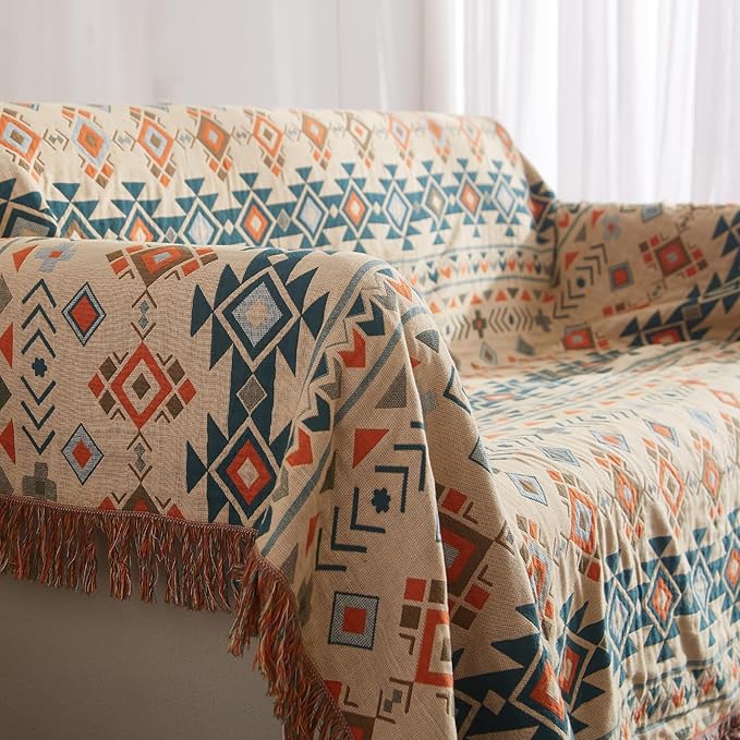 Boho Throw Blanket for Couch Sofa Bed, 100% Cotton Woven Quilt with Tassel 80”x90”, Super Soft Muslin Blanket with Patchwork Printed, Decorative Reversible Bed Blanket/Cover for All Seasons-Ruum Studio Home
