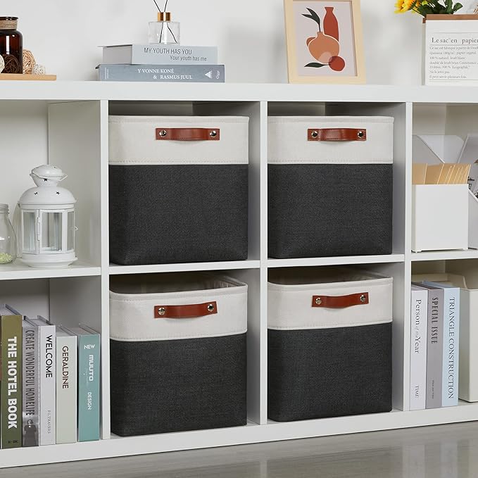 DULLEMELO Set Of 4 Cube Storage Bins, Fabric Storage Basket for Shelves Closet Nursery Toy Storage, 12 Inch Collapsible Fabric Bins for Toy Book Magazine Towel Organizers(4 Pack - 12" White&Black)-Ruum Studio Home