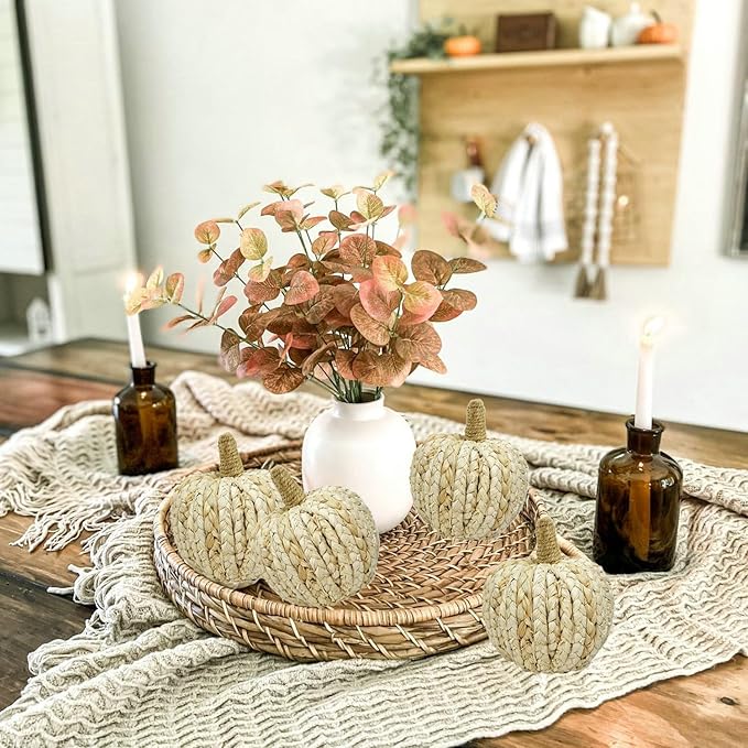 naturevibe 5.3 Inches Braided Cornhusk Pumpkin Decor Set of 4 as Centerpieces for Tables,Natural Corn Stalks Woven Pumpkins for Fall Home Decor,Thanksgiving Decorations or Autumn Harvest Gifts-Ruum Studio Home