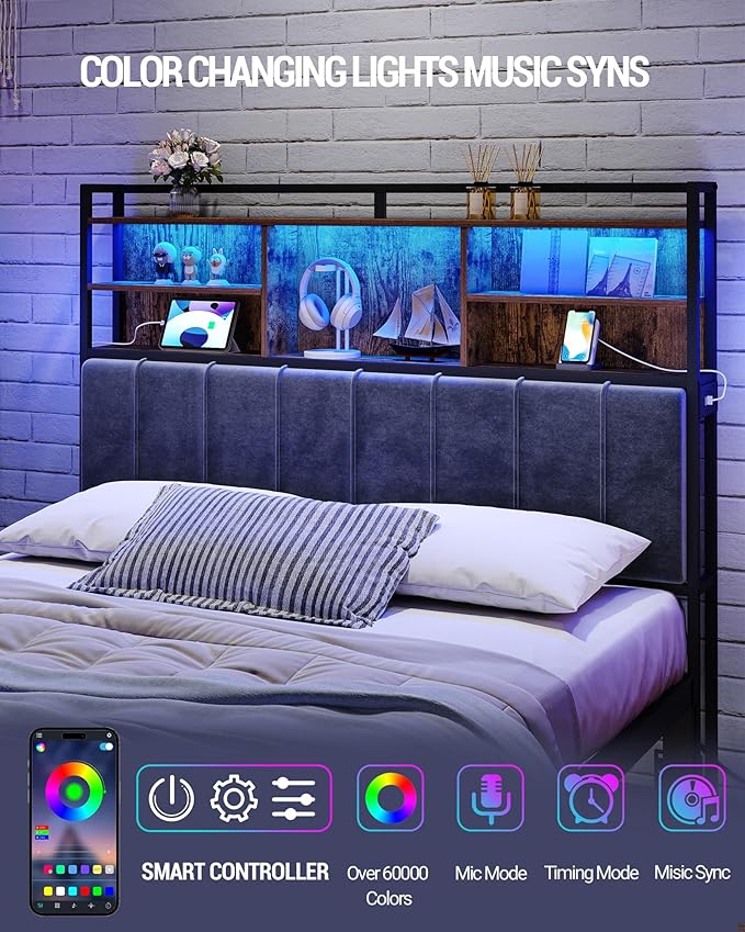 Headboard with 3-Tier Storage Shelves, Velvet Upholstered Head Board with 2 Outlets, USB Ports & LED Light, Soft Backrest for Queen Size Bed, Rustic Brown and Black BH15201BV1-Ruum Studio Home
