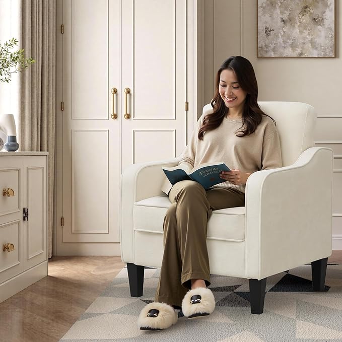 Accent Chairs Set of 2, Upholstered Living Room Chairs with Side Pockets, Mid Century Modern Reading Chair for Bedroom, Comfy Armchair Single Sofa Side Chair for Office, Small Room, Beige-Ruum Studio Home