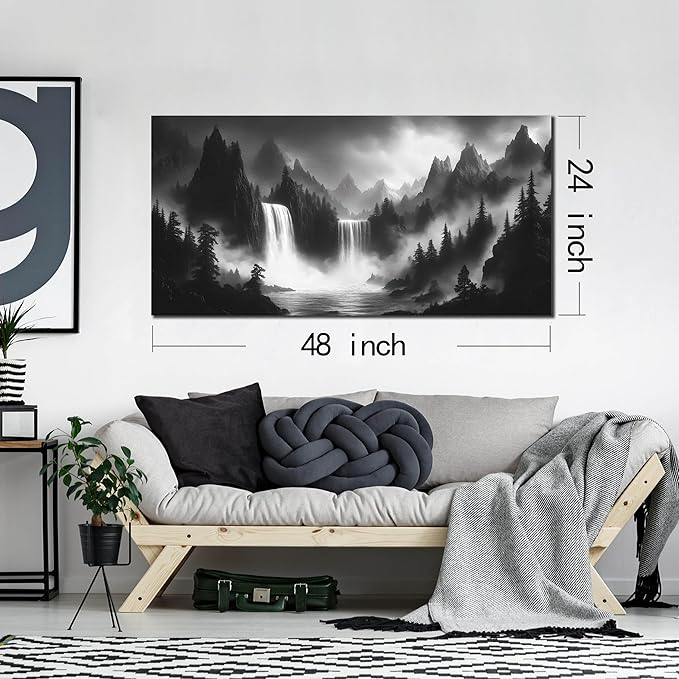 HUBOSKN Waterfall Pictures Wall Decor for Living Room - Mountain Wall Art for Office - Black and White Canvas Wall Art for Bedroom Size 24" x 48"-Ruum Studio Home