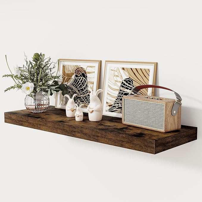 Floating Shelves 36 Inch Long, 12 Inch Deep Floating Shelves for Wall, 36 x 12 Shelves for Wall Storage & Display, 2" Thick Floating Shelf for Bathroom, Living Room, Rustic Brown Color, Set of 1-Ruum Studio Home