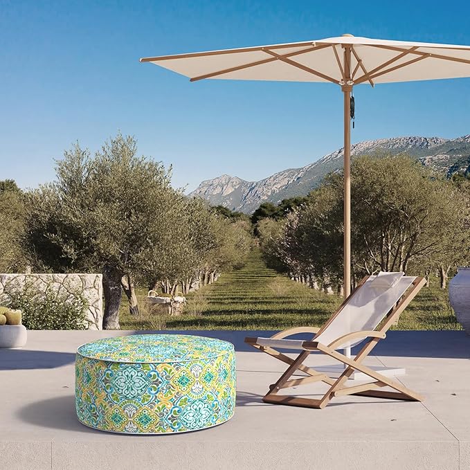 Inflatable Ottoman Stool D31 xH14 for Outdoor/Indoor Use, Water Repellent Patio Foot Rest Stool with Portable Handle,Round Pouf Ottoman Suitable for Garden,Deck and Camping - Damask Green-Ruum Studio Home
