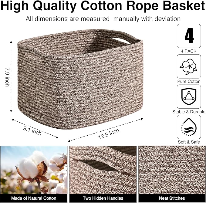 Storage Baskets for Shelves Organizing, Woven Cotton Rope Baskets for Storage, Book Basket, Decorative Shelf Basket, 12.5"Lx9.1''Wx7.9''H (4 Packs) Dark Brown-Ruum Studio Home
