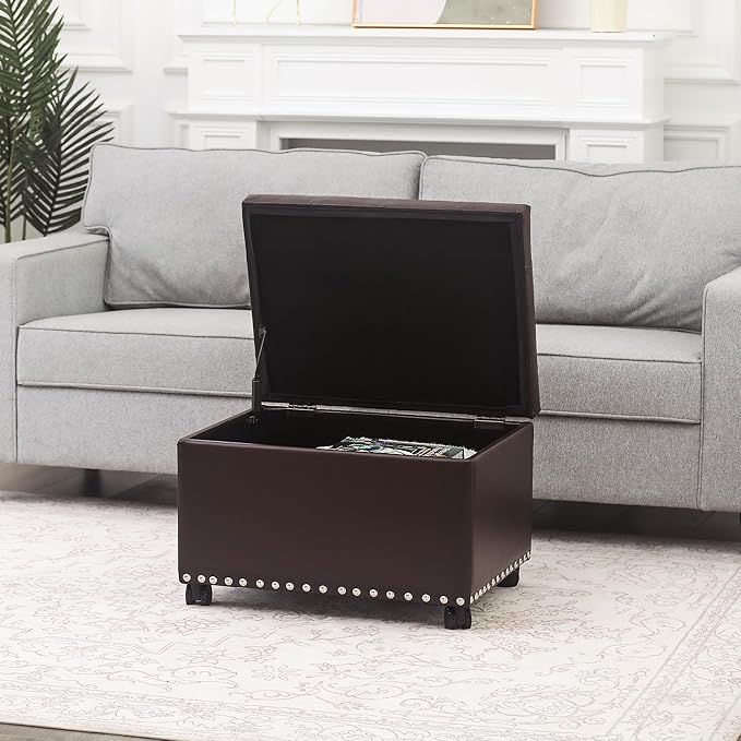 Leather Storage Ottoman Bench with Steerable Rolling Wheels, Rectangle 24 Inch Foot Rest Ottomans Stool for Living Room Bedroom (Vintage Brown)-Ruum Studio Home