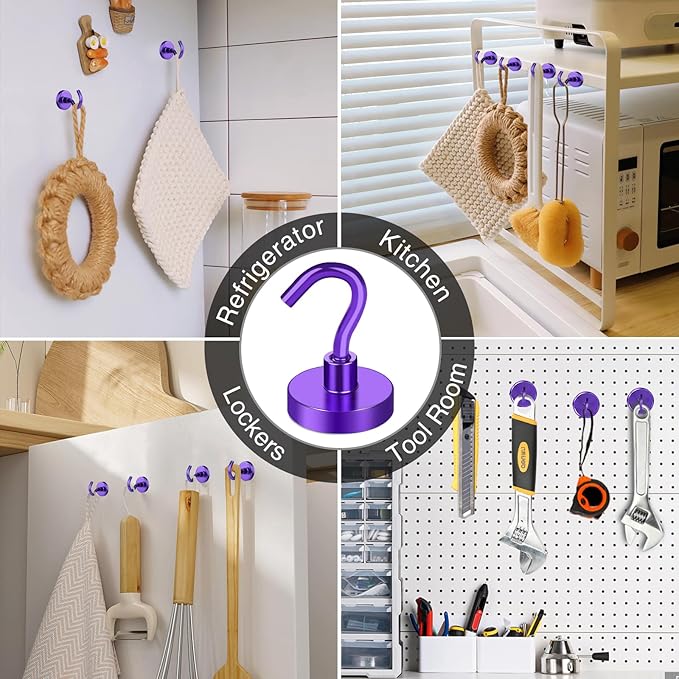 MIKEDE Magnetic Hooks, 40Lbs+ Heavy Duty Magnet Hooks for Cruise Cabins, Super Neodymium Hanging Hooks Strong Magnets with Hook for Fridge, Magnetic Hanger for Grill, Toolbox, Storage(Purple, 10 Pack)-Ruum Studio Home