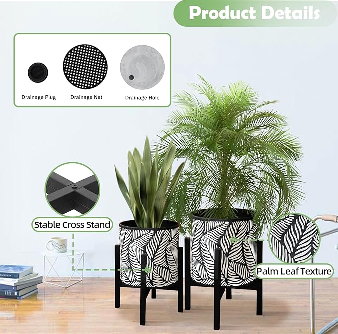 10 & 12 Inches Plant Pot with Stand Set of 2, Decorative Palm Leaves Printing Planter with Holder, Garden Pot for Snake Plant, Monstera, Houseplants - Indoor Outdoor Flower Pots with Drainage Holes-Ruum Studio Home