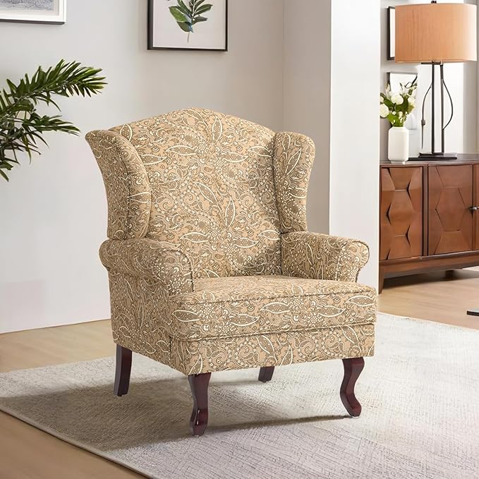 Accent Chair, High Back Upholstered Armchair with High Resilience Sponge & Wood Legs, Mid-Century Modern Comfy Single Sofa Reading Chairs for Living Room, Bedroom (Floral Light Brown, Set of 1)-Ruum Studio Home