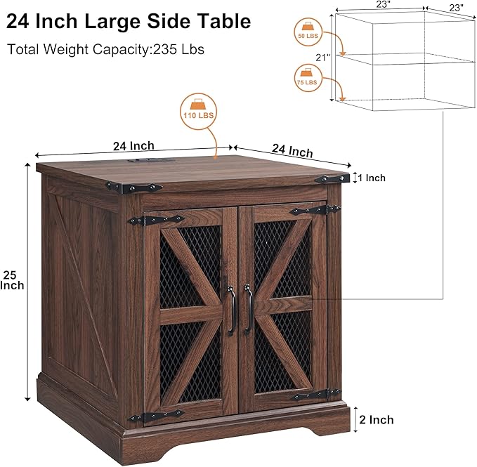 JXQTLINGMU Farmhouse End Table, 24" Large Sofa Side Table with Charging Station, Mesh Barn Door, and Adjustable Storage Shelf, Rustic Wood Square Nightstand for Living Room, Bedroom, Office, Brown-Ruum Studio Home