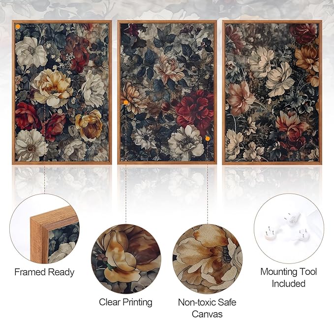Aurlan Dark Moody Boho Wildflowers Wall Art Set(16"x24"), 3 Pieces Vintage Mid Century Modern Floral Framed Canvas Artwork, Large French Penoy Botanical Wall Decor for Office Bedroom Living Room-Ruum Studio Home